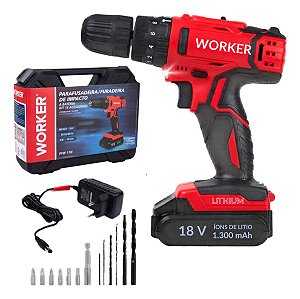 Parafusadeira Furadeira Impacto Bateria 18v Worker Pfw 118i Vermelho 127/220v 50 Hz / 60 Hz