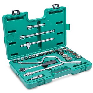 Jogo de Soquetes Estriados SATA ST09090SJ 1/2" com 28 Peças em Aço Cr-V e Maleta Organizadora