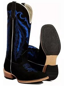 Bota Texana Carrapeta de Couro Legitimo Bordado azul