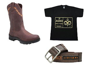 Kit de Trabalho Robusto: Bota de Couro, Cinto Dupla Face e Camiseta Respirável