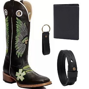Bota Texana De Couro Legitimo Índio Verde + Brinde