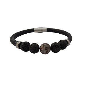 Pulseira de Couro Masculina Preta com Pedras Vulcânica