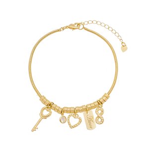 Pulseira Pingentes Coração Chave e Infinito