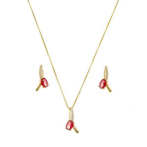 Conjunto Colar e Brinco com Zircônia Rubi