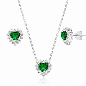 Conjunto de colar e brincos coração verde prata 925
