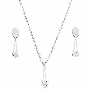 Conjunto de colar e brincos gota com zircônia em aço inox