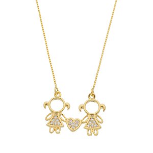 Colar mãe de meninas com coração e vestido cravejados com zircônias