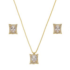 conjunto de brinco e colar com zircônia retangular