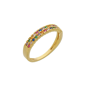 Meia aliança com zircônias coloridas semijoia em ouro 18 k