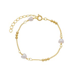 Pulseira bolinhas e pérola de coração banhada em ouro 18k