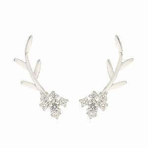 Ear cuff flor cravejado com zircônia e folhas lisas prata 925