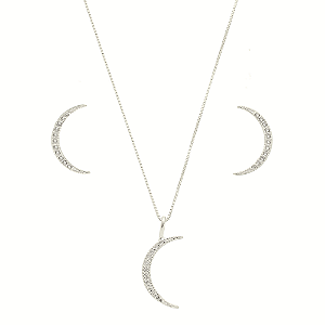 Conjunto brinco e colar pingente meia lua prata 925