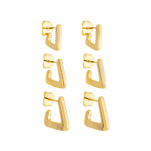 Trio de brincos meia argola triangular semijoia em ouro