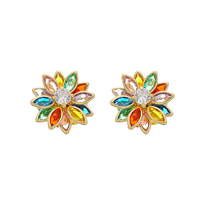 Brinco flor com pétalas coloridas dourado