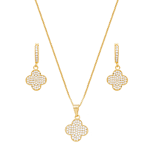 Conjunto de colar e brincos trevo cravejado