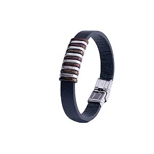 Pulseira Masculina em Aço e Couro Preto Ajustável