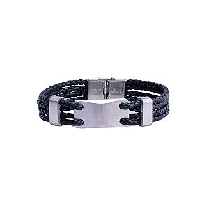 Pulseira Masculina em Aço e Couro Preto Ajustável