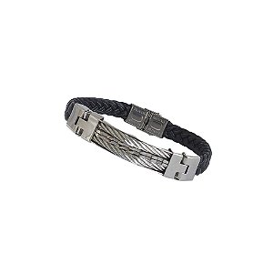 Pulseira Masculina em Aço e Couro Preto Ajustável