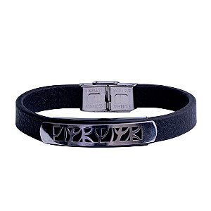 Pulseira Masculina em Aço e Couro Preto Ajustável