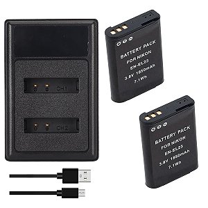 Kit 2 Baterias + Carregador EN-EL23 p/ Nikon Coolpix P600-P900 | Ponto Tech