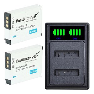 Kit Carregador + 2 Baterias  En-el12 Para Nikon Coolpix Keymission A900 A1000 Aw120