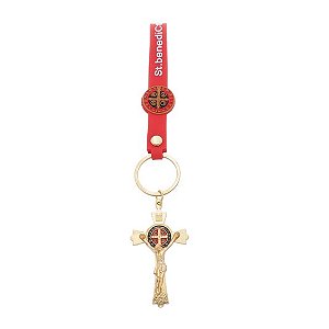 Chaveiro Crucifixo de São Bento com Pulseira e Mosquete - Vermelho