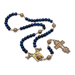 Terço de Madeira Azul Cordão 8mm N. Senhora do Perpetuo Socorro Cruz Prata