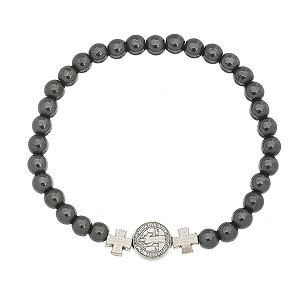 Pulseira com Medalha de São Bento e Contas em Hematita - Elástico