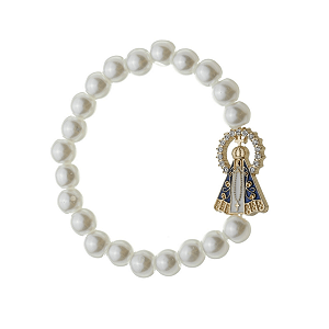 Pulseira de Nossa Senhora Aparecida com Elástico e Conta Pérola - Branco