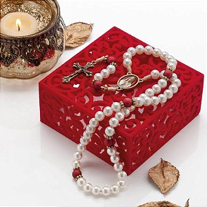 Terço Perola 8mm Cordão Madeira Vermelho - Eu Rezo pelos meu Filho!