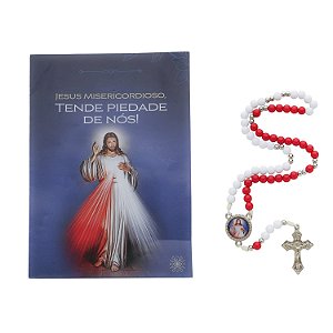 Terço com Folheto de Jesus Misericordioso e Santa Faustina - Branco e Vermelho