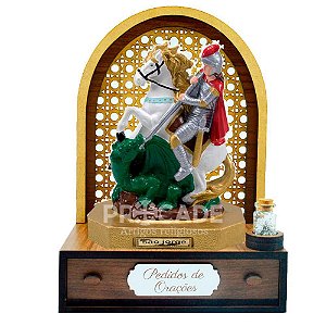 ALTAR SÃO JORGE 21CM COM GAVETA DE PEDIDOS + TERÇO GRÁTIS NA GARRAFINHA