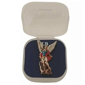 Broche São Miguel Arcanjo Luxo - Metal Dourado e Imagem Colorida
