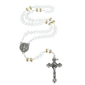 KIT Terço da Medalha de São Bento com Detalhes em Strass Cristal Translúcido + Porta Terço Especial Mãe