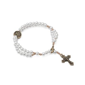 Kit Pulseira Terço Perola 5mm Cordão com Cruz pequena + Porta Joia Especial Mãe