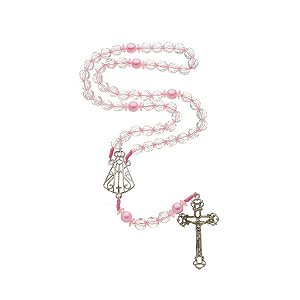 Kit Terço de Nossa Senhora Aparecida com Contas Rosas Translúcidas + Porta Terço Especial Mãe