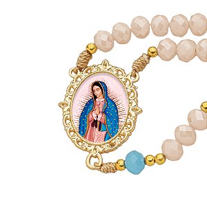 TERÇO CRISTAL LUXO NOSSA SENHORA DE GUADALUPE + SAQUINHO DE JUTA DOURADO