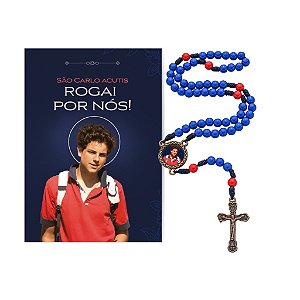 Terço Carlo Acutis Pérola Azul/Vermelho 6mm + Folheto