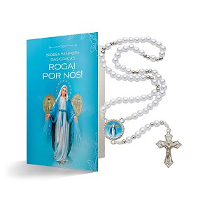 KIT TERÇO NOSSA SENHORA DAS GRAÇAS (PÉROLA) + FOLHETO ORACIONAL