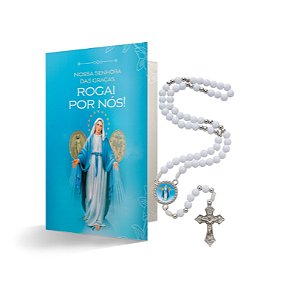 KIT TERÇO NOSSA SENHORA DAS GRAÇAS (PÉROLA BRANCA 6MM) + FOLHETO ORACIONAL