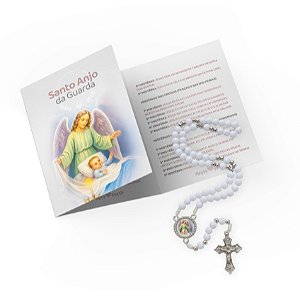 KIT TERÇO INFANTIL ANJO DA GUARDA (BRANCO) + FOLHETO ORACIONAL DIDÁTICO