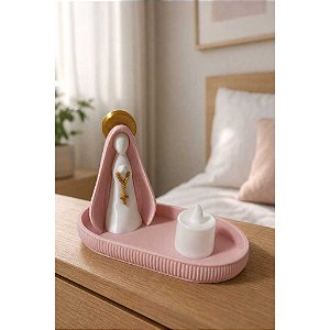 Kit Altar Moderno Nossa Senhora + Bandeja Porta-Terço e Vela de Led - Cor Rosa