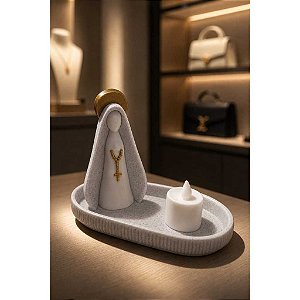 Kit Altar Moderno Nossa Senhora + Bandeja Porta-Terço e Vela de Led - Cor Marmore