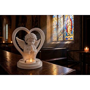 Anjo da Guarda com Vela de LED - Enfeite Decorativo 3D para Altar e Oratorio