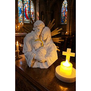 Kit Sagrada Familia com Crucifixo Iluminado - Escultura 3D e Vela de LED