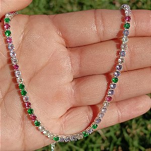 Colar Riviera multicolorida - Banho de Ródio Branco