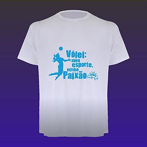 Camiseta Feminina Gola U - Modelo Vôlei Meu Esporte Minha Paixão cor Branca - Logo Azul