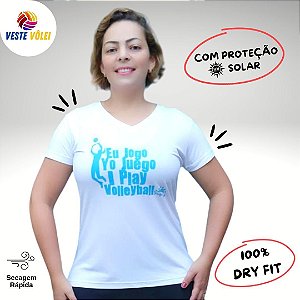 Camiseta Feminina - Modelo I Play Volleyball cor Branca Logo Azul