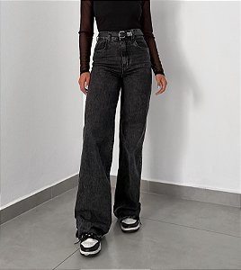 Wide leg jeans preta estonada