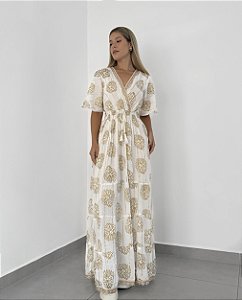 Vestido Grécia Manguinha | off e dourado